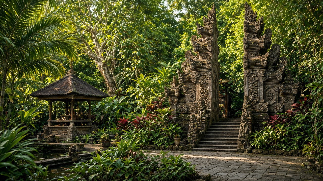 Gerbang pura dan taman di Ubud